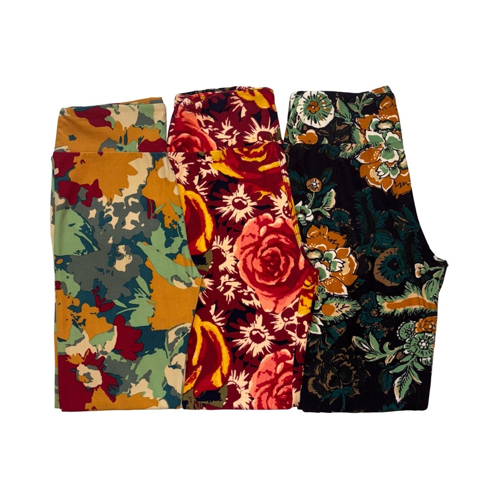 LuLaRoe Lot 3 Pairs of OS Leggings Floral Green Maroon Sage Flowers Burnt Orange